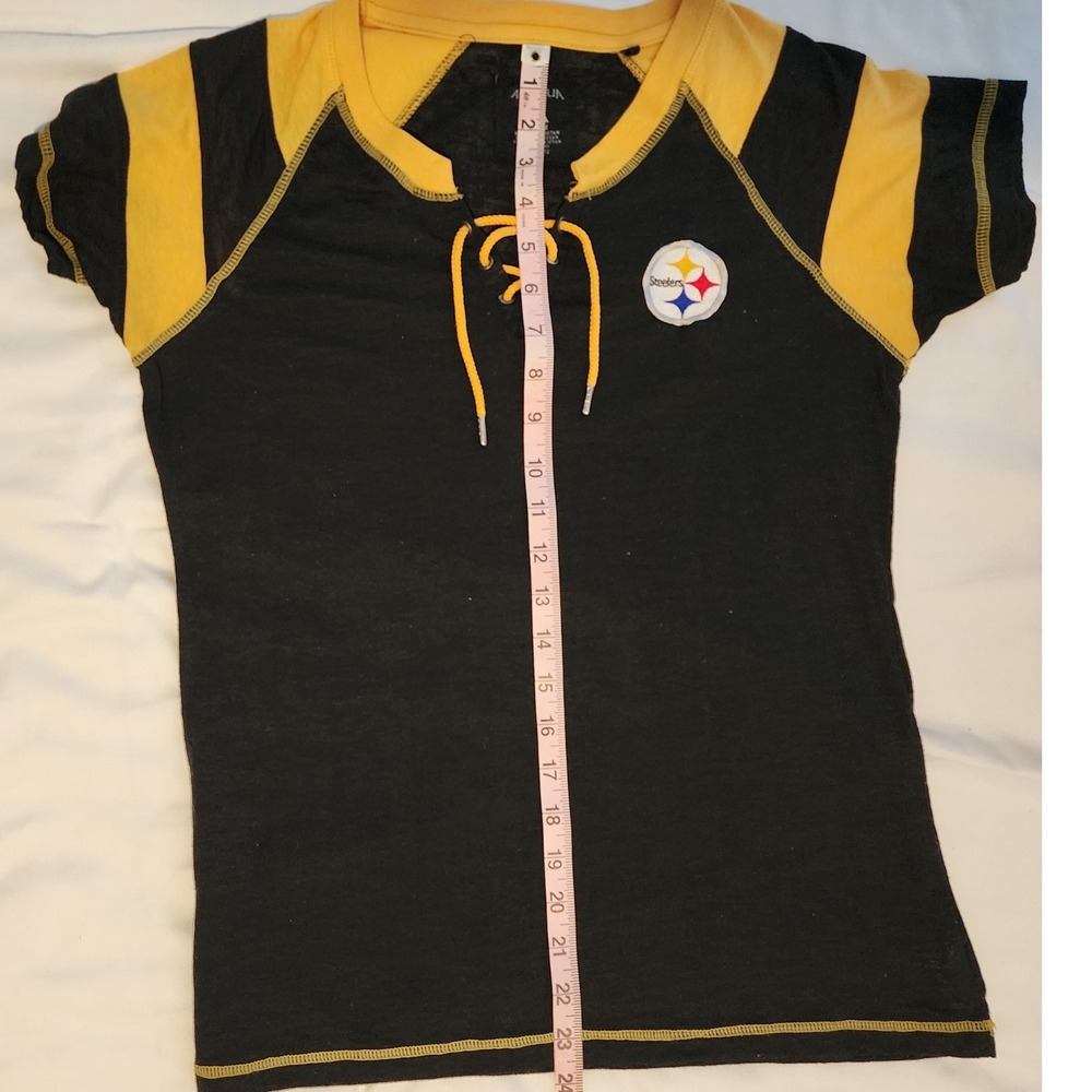 Antigua Steelers NFL Football Lace Up T-Shirt Patch Logo Black Gold M - Picture 5 of 5